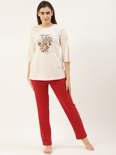 

Sweet Dreams Women Off-White & Red Floral Print Night suit
