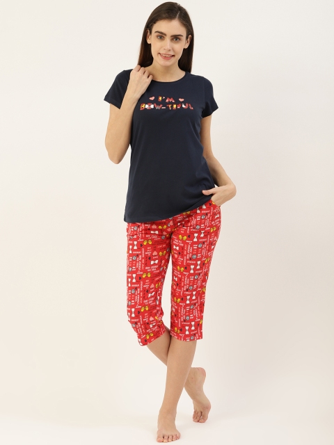 

Sweet Dreams Women Navy Blue & Red Bows Print Pure Cotton Night suit