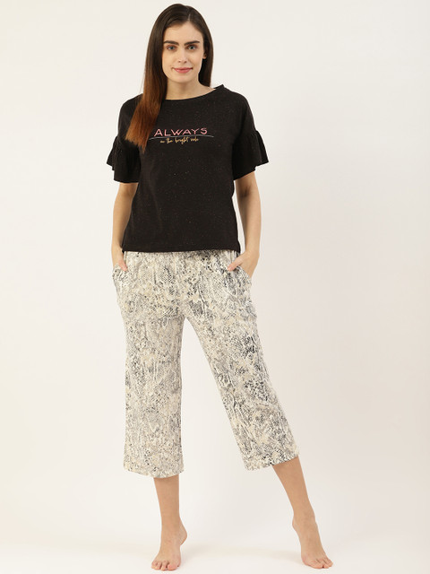

Sweet Dreams Women Black & Grey Snakeskin Print Pure Cotton Night Suit