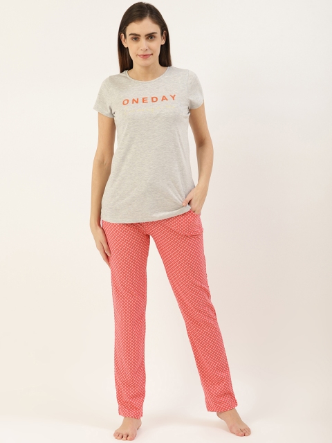 

Sweet Dreams Women Grey Melange & Pink Typography Applique Night suit