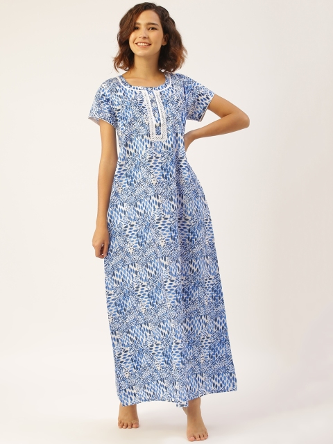 

Sweet Dreams Women Blue & White Printed Cotton Maxi Nightdress