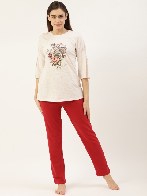 

Sweet Dreams Women Off-White & Red Floral Print Night suit
