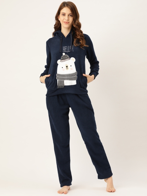 

Sweet Dreams Women Navy Blue Self Design Fleece Hooded Night suit