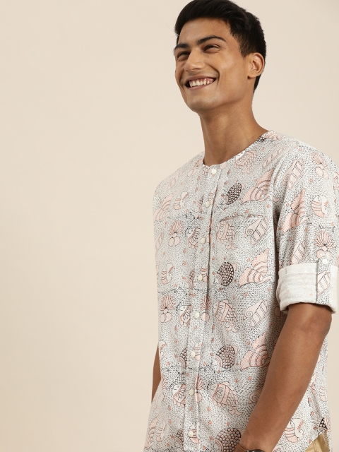

Taavi Men White & Black Madhubani Hand Block Shirt With Roll-Up Sleeves