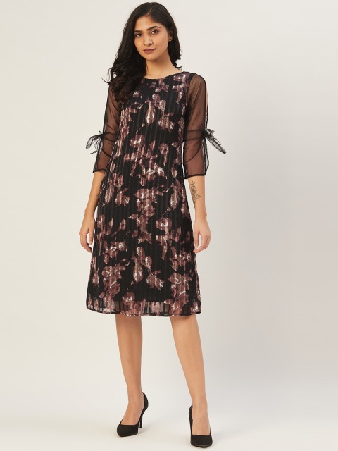 

DODO & MOA Women Black & Taupe Printed A-Line Dress