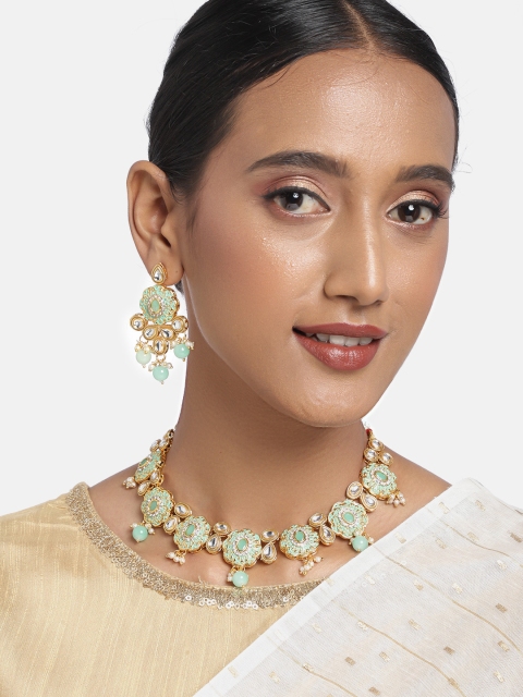 

Zaveri Pearls Green And Gold-Plated Stone-Studded & Beaded Jewellery Set