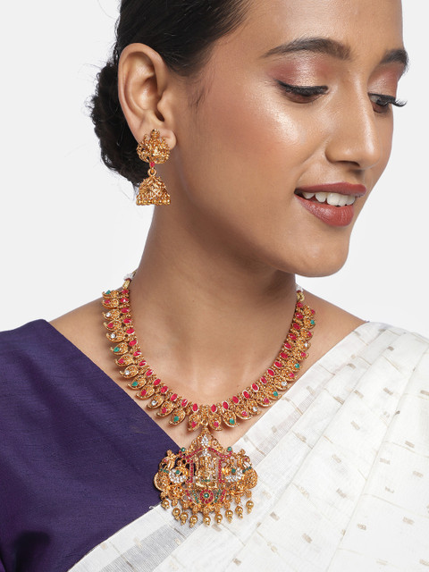 

Zaveri Pearls Green & Pink Gold-Plated Stone-Studded & Beaded Jewellery Set
