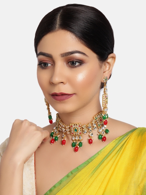 

Zaveri Pearls Gold-Plated & Green Kundan Studded Jewellery Set