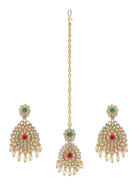 

Zaveri Pearls White Gold-Plated Kundan Earring & Maang Tika Set