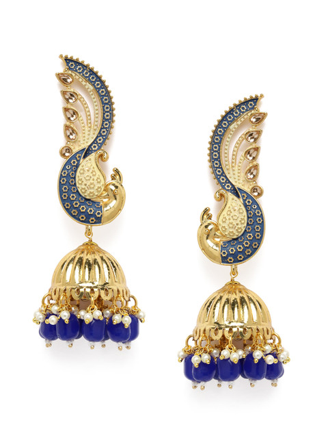 

Zaveri Pearls Blue Gold-Plated Enamelled Peacock Shaped Jhumkas