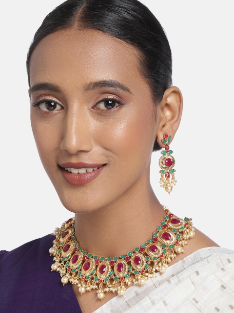 

Zaveri Pearls Maroon & Green Stone Studded Gold-Plated Jewellery Set