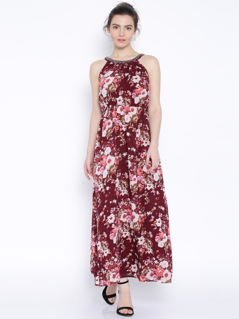 

Akiva Maroon Floral Print Maxi Dress