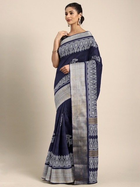 

KALINI Navy Blue & White Cotton Blend Printed Saree