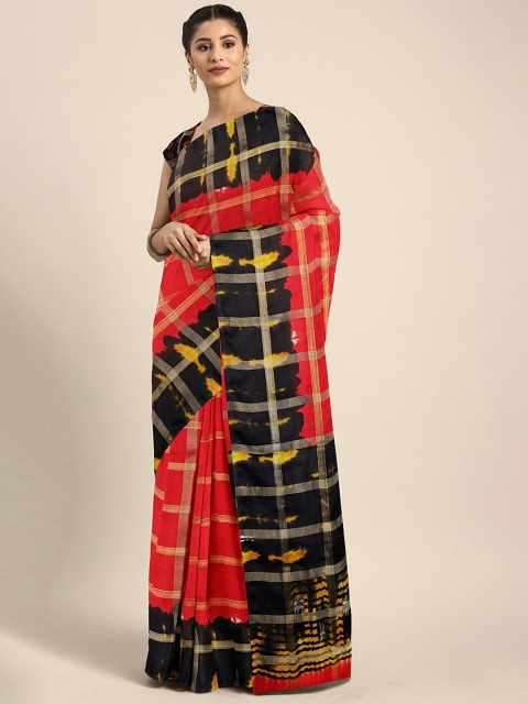 

KALINI Red & Gold-Toned Checked Jute Silk Saree