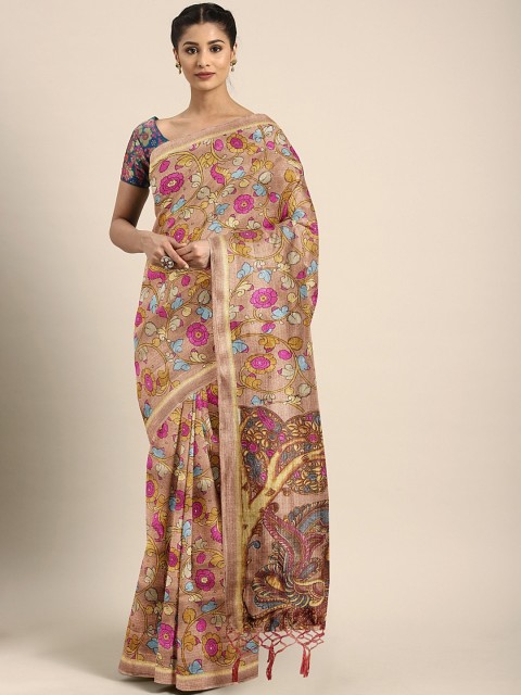 

KALINI Copper-Coloured & Pink Silk Blend Printed Khadi Saree