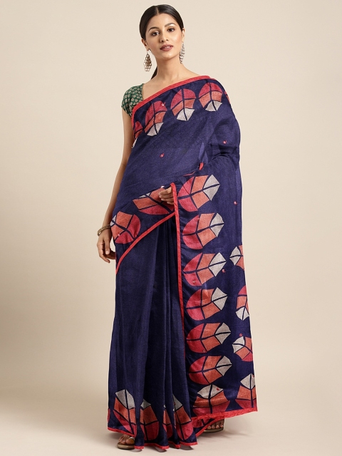 

KALINI Navy Blue & Pink Jute Silk Embroidered Saree with Mirror Work