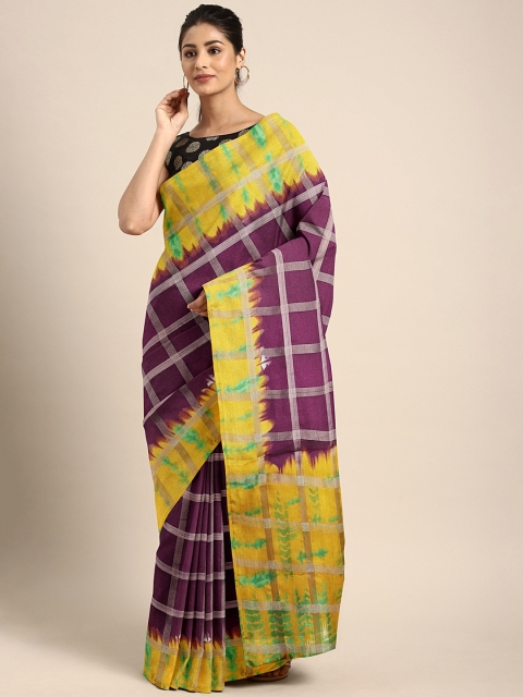 

KALINI Purple & Off-White Jute Silk Checked Saree