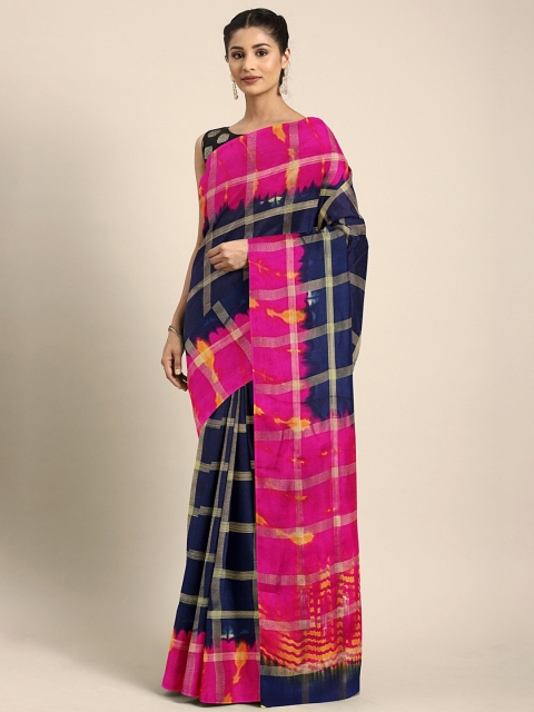 

KALINI Navy Blue & Gold-Toned Checked Jute Silk Saree