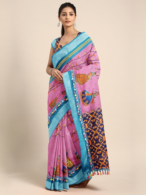 

KALINI Pink & Blue Cotton Blend Printed Saree