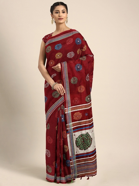 

KALINI Maroon & Yellow Jute Silk Printed Saree with Mirror Work