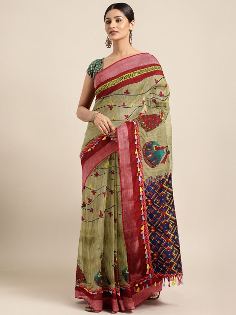 

KALINI Beige & Maroon Cotton Blend Printed Saree with Tasseled Border