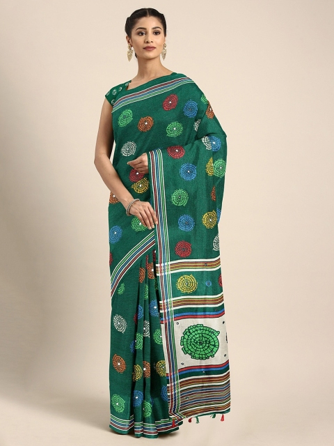 

KALINI Green & Blue Jute Silk Printed Saree with Mirror Work