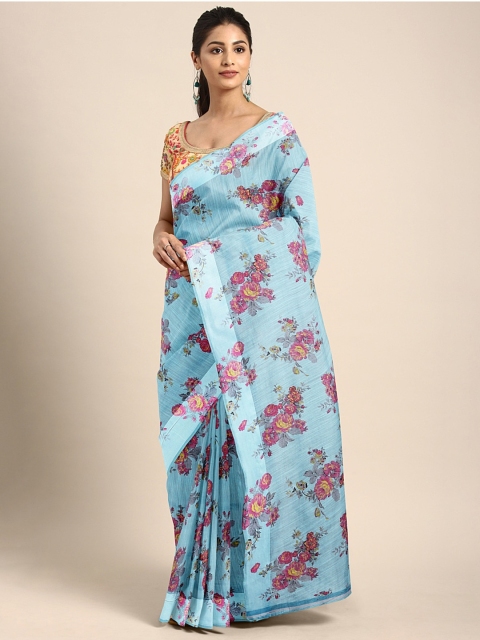 

KALINI Blue & Pink Linen Blend Floral Printed Saree