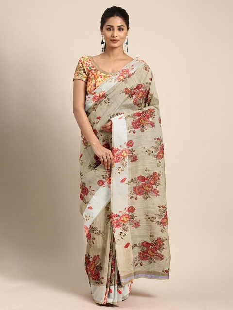

KALINI Beige & Red Linen Blend Floral Printed Saree
