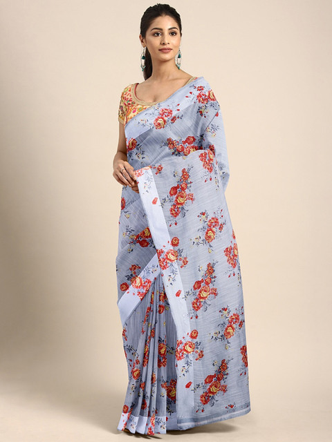 

KALINI Purple & Red Linen Blend Floral Printed Saree