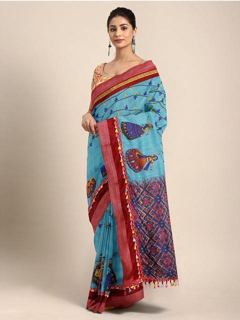 

KALINI Turquoise Blue & Red Cotton Blend Printed Saree