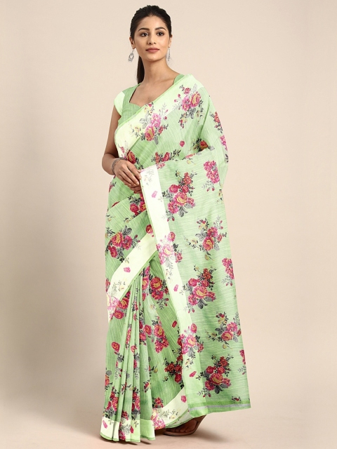 

KALINI Green & Pink Linen Blend Floral Printed Saree