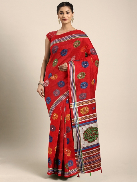 

KALINI Red & Blue Jute Silk Printed Saree with Mirror Work