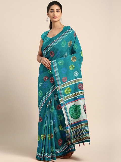 

KALINI Sea Green & Yellow Jute Silk Printed Saree with Mirror Work