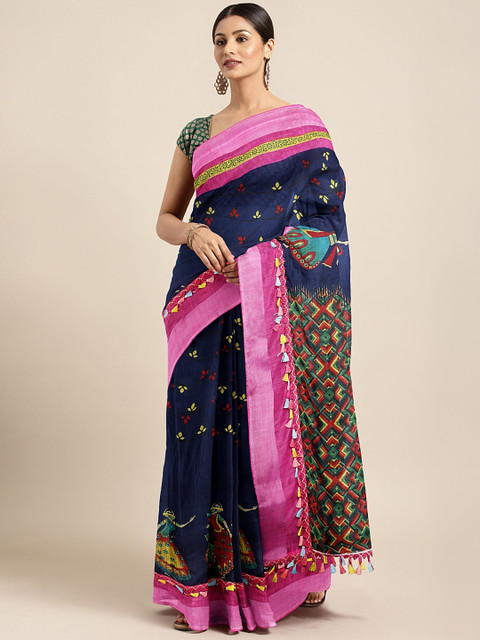 

KALINI Navy Blue & Red Cotton Blend Printed Saree with Tasseled Border