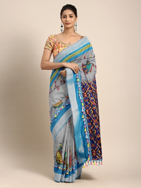 

KALINI Grey & Blue Cotton Blend Printed Saree