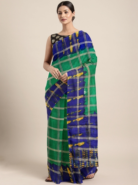

KALINI Green & Beige Jute Silk Checked Saree