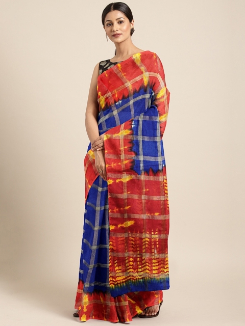 

KALINI Blue & Gold-Toned Checked Jute Silk Saree