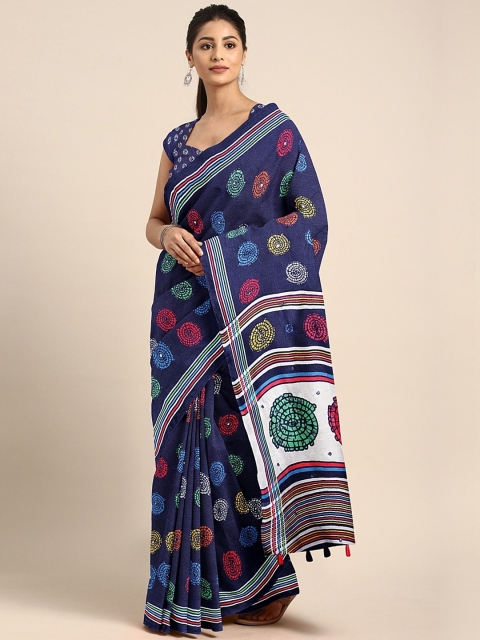 

KALINI Navy Blue & Orange Jute Silk Printed Saree with Mirror Work