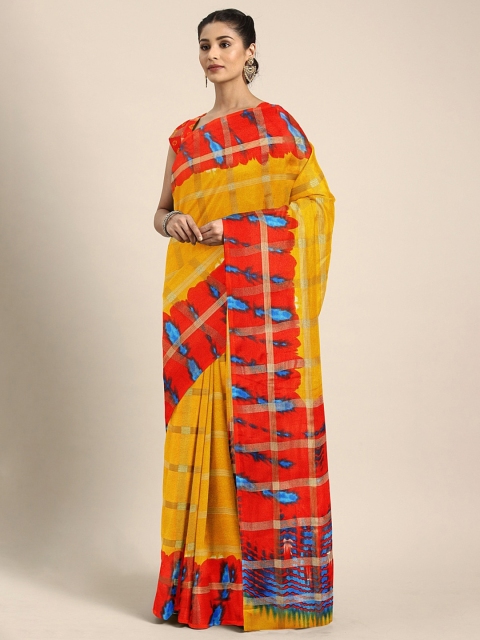 

KALINI Mustard Yellow & Gold-Toned Checked Jute Silk Saree