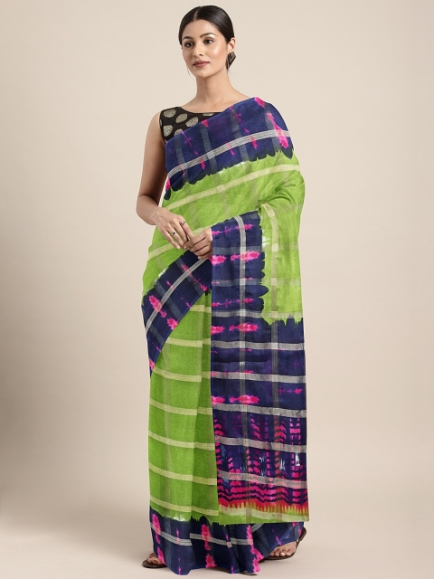 

KALINI Lime Green & Off-White Jute Silk Checked Saree