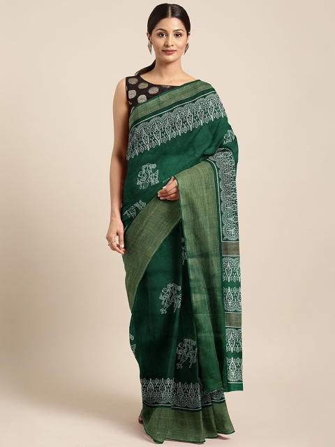 

KALINI Green & White Cotton Blend Printed Saree