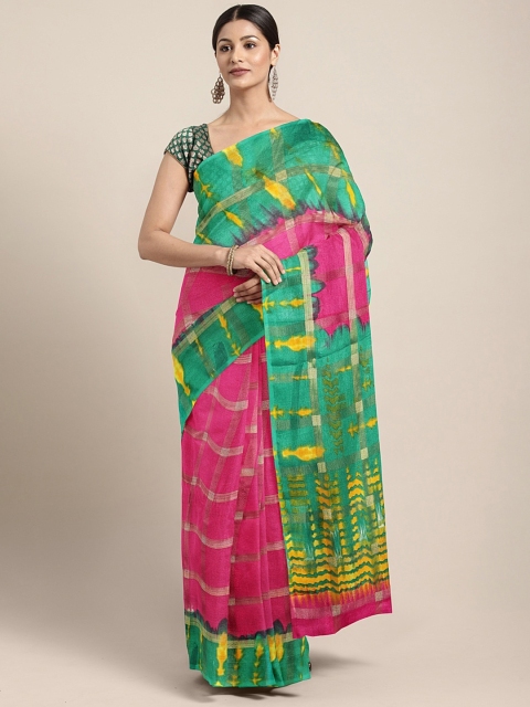 

KALINI Pink & Green Jute Silk Checked Saree