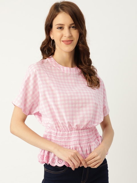 

Antheaa Women Pink & White Checked Cinched Waist Top