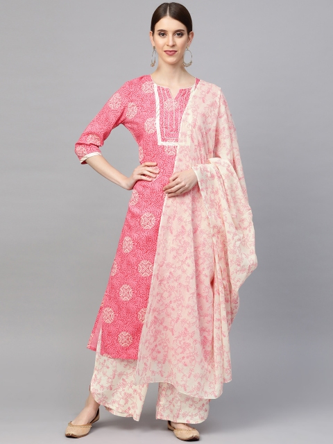 

Sringam Women Pink & Off-White Printed Kurta with Palazzos & Dupatta