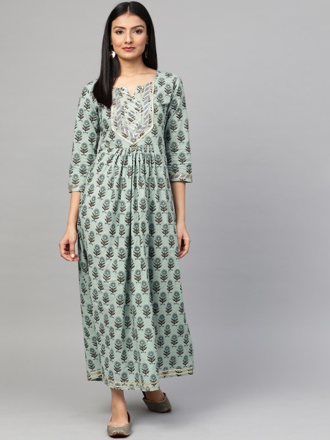 

Sringam Women Green & Black Ethnic Print Maxi A-line Dress