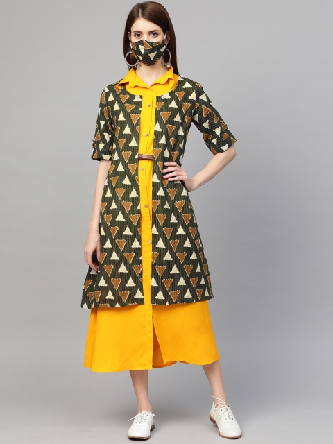 

Sringam Women Mustard Yellow Solid A-Line Dress with Jacket & Matching Mask