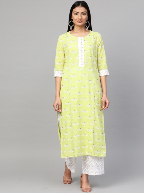 

Sringam Women Green & White Printed Kurta with Palazzos