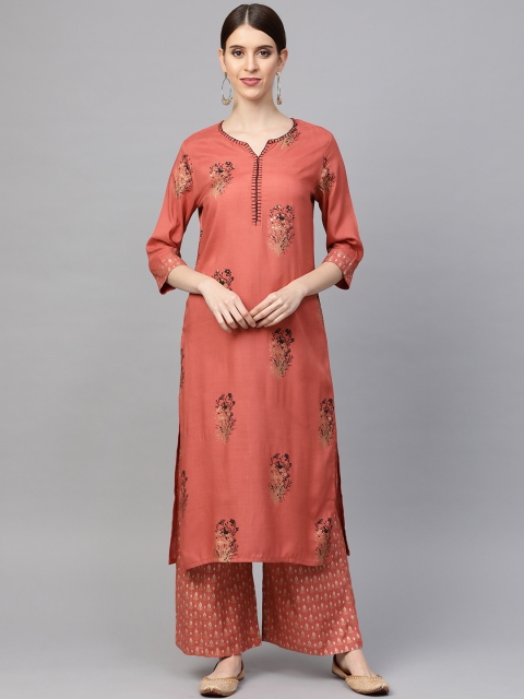 

Sringam Women Rust Orange & Golden Printed Kurta with Palazzos