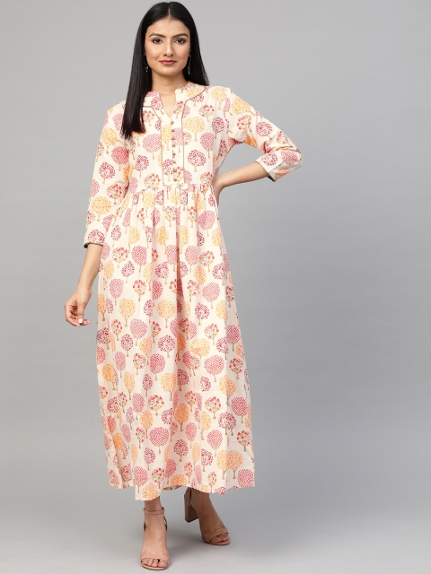 

Sringam Women Off-White & Maroon Ethnic Print Maxi Dress
