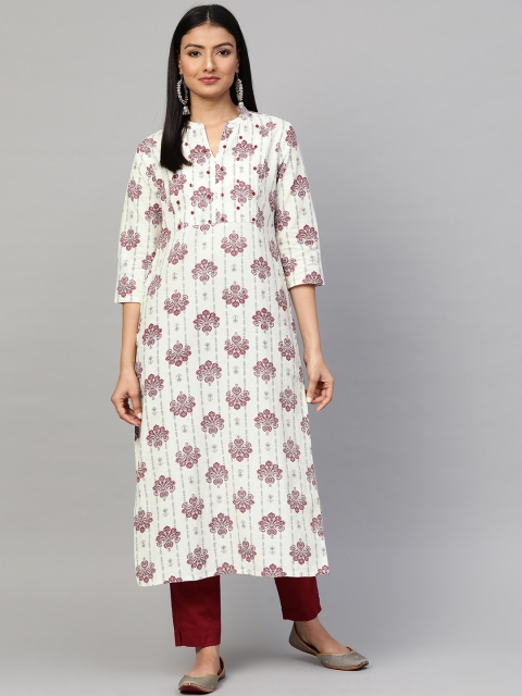 

Sringam Women Off-White & Burgundy Floral Printed Straight Kurta